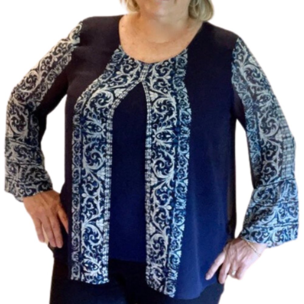 NWOT JM Collection Navy Blue Chiffon Overlay Blouse • Bell Sleeves • Size Large